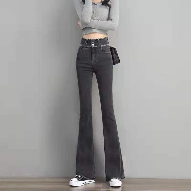 黑灰色喇叭牛仔裤女2024秋季新款高腰修身显瘦毛边拖地微喇长裤秋