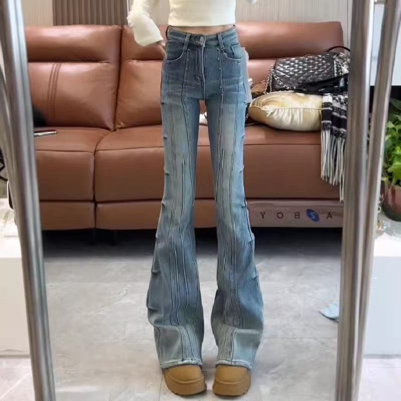 设计感重工铆钉微喇叭牛仔裤女春秋季高腰弹力修身马蹄裤长裤子潮