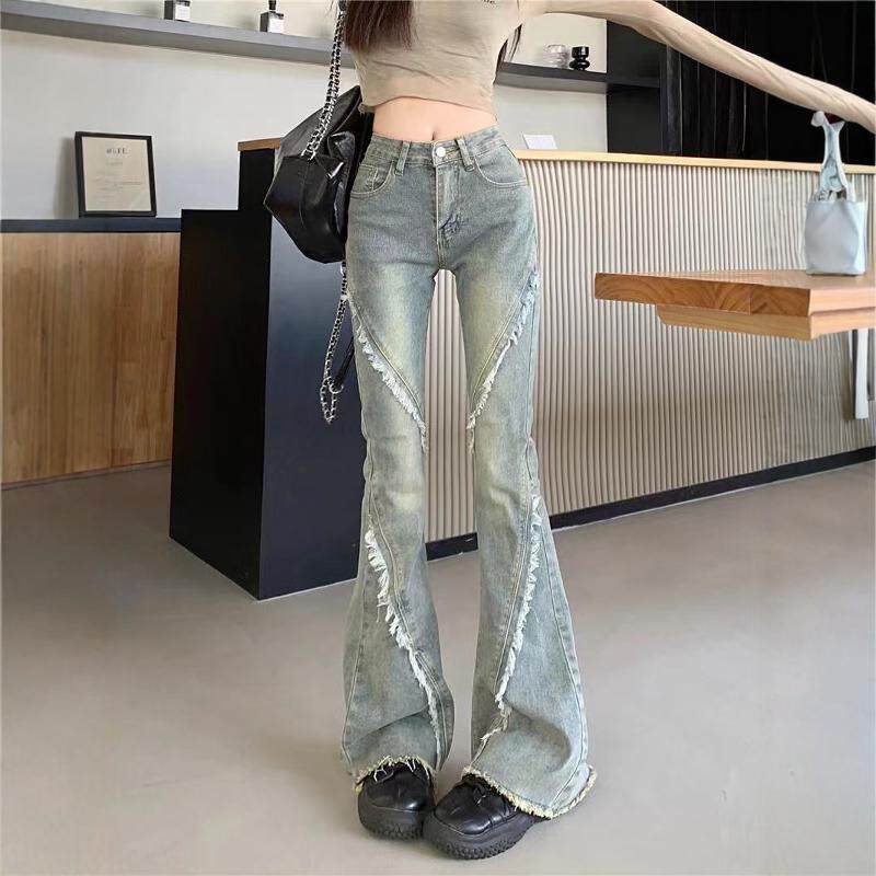 复古微喇牛仔裤女春秋设计感小众弹力百搭毛边马蹄裤高腰喇叭裤子