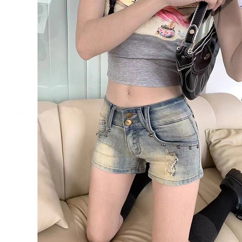 复古铆钉美式牛仔超短裤短裤夏季新款设计低腰热裤显瘦辣妹裤子潮