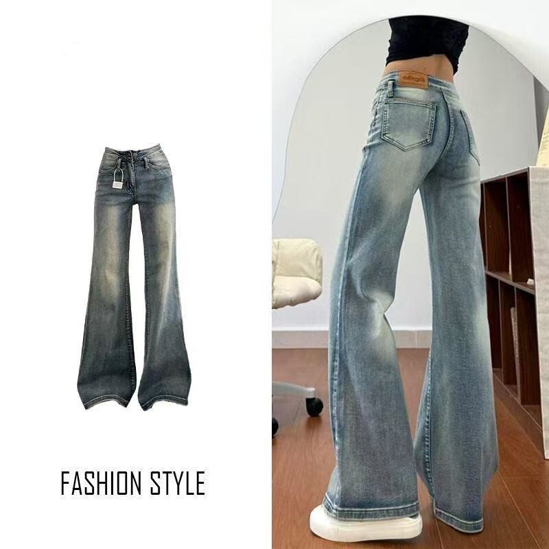 美式高街浅蓝色微喇牛仔裤女春季2026年新款低腰显瘦不贴腿喇叭裤