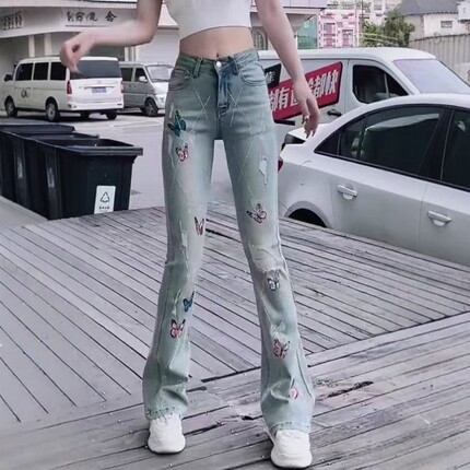 蝴蝶刺绣镶钻磨破微喇叭牛仔裤女春季薄款高腰弹力显瘦拖地马蹄裤
