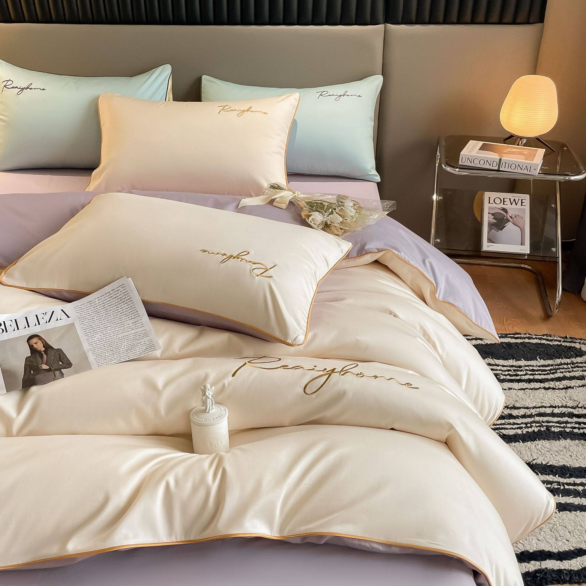 质感刺绣60支长绒棉四件套纯棉床单床笠轻奢条纹宿舍套件裸睡床品,床上用品,床品套件/四件套/多件套,淘宝优惠券,粉丝福利购,淘宝优惠卷