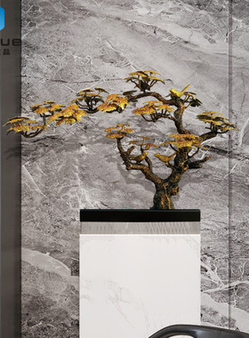 新中式彷真轻奢铁艺迎客松摆件金属装饰客厅样品屋展示中心落地创