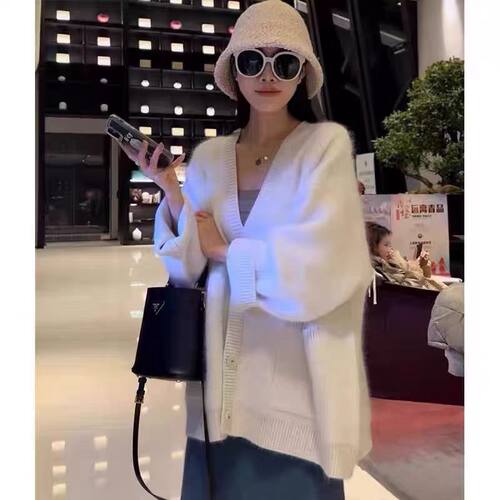 慵懒风V领100针织羊毛开衫女宽松百搭毛衣外套温柔韩系风羊绒上衣