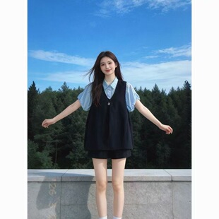 韩系学院风黑色马甲短裤套装女夏季2026新款小个子减龄穿搭一整套
