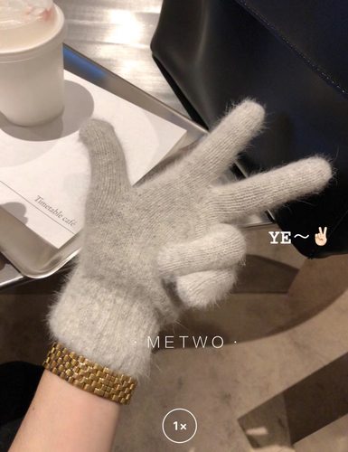 HEYONI韩国东大门兔绒手套女冬韩代保暖简约纯色男女五指针织防寒