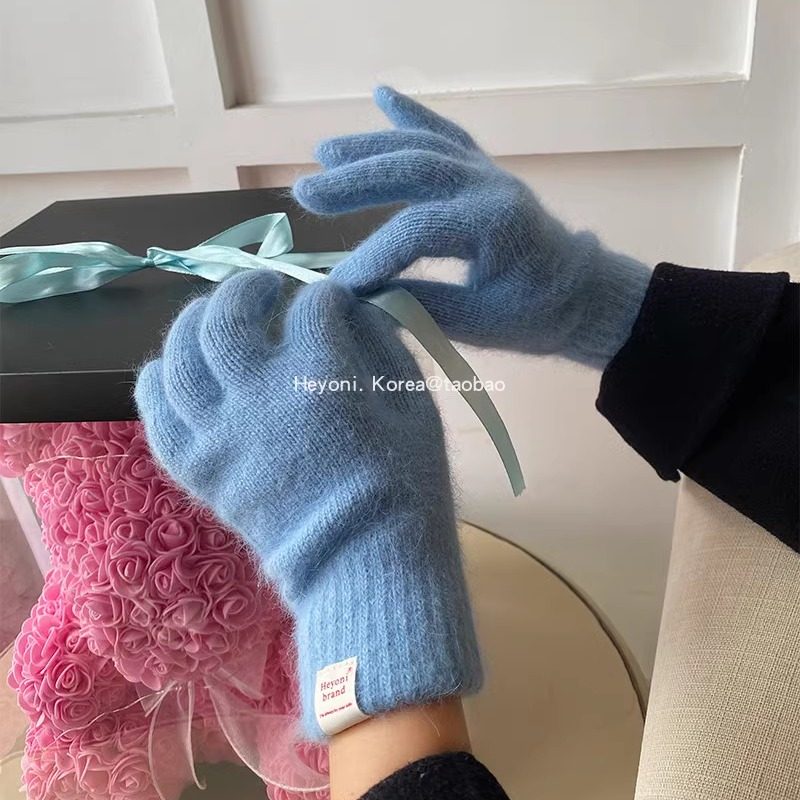 HEYONI出口韩国定制款兔毛手套女高颜值五指可触屏保暖骑行情侣