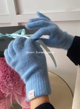 HEYONI出口韩国定制款兔毛手套女高颜值五指可触屏保暖骑行情侣