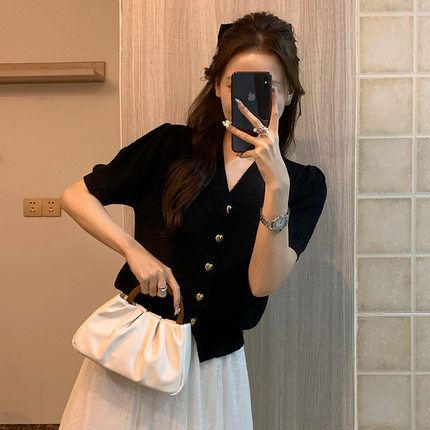 夏季黑色冰丝针织短袖开衫女泡泡袖T恤小香风V领气质薄款修身上衣