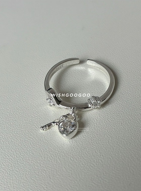 WISHGOOGOO爱心锁锆石戒指女ins韩国小众设计925纯银钥匙开口戒