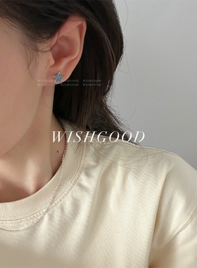 wishgood/蓝色滴油五角星925纯银耳钉女甜酷小众设计辣妹风耳饰