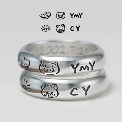 999纯银个性手绘原创情侣戒指