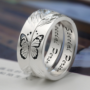 蝴蝶情侣款对戒999足银原创手工纯银雕刻戒指女定制闺蜜生日礼物