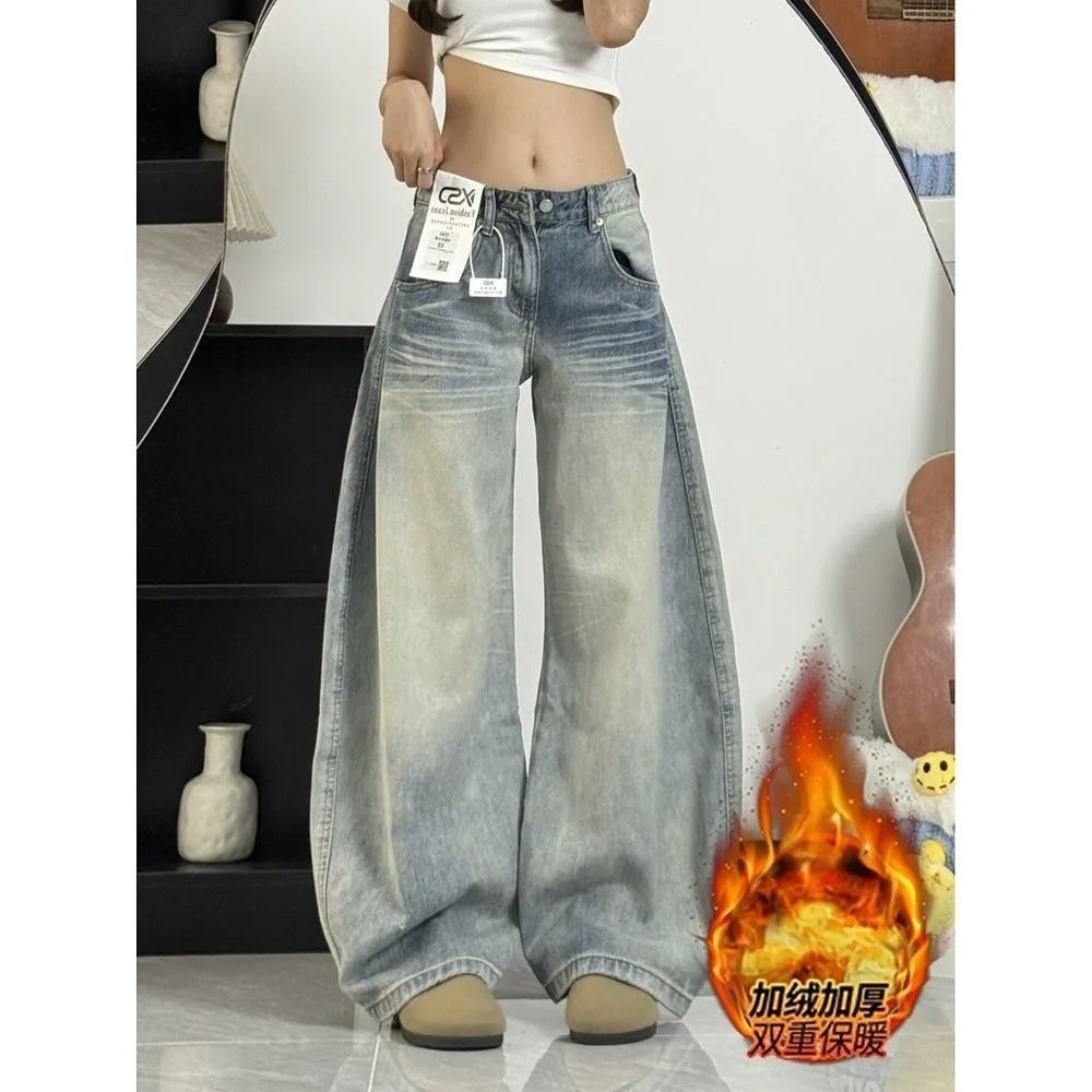 复古美式加绒加厚弯刀牛仔裤女冬季新款高腰宽松显瘦直筒阔腿裤子