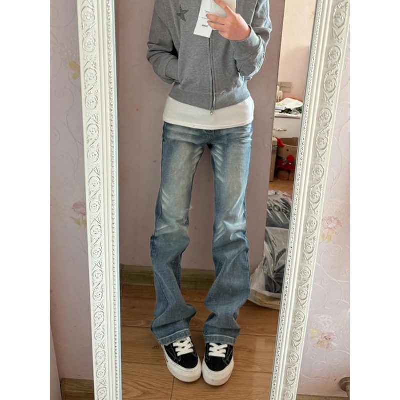 复古百搭小众新款低腰辣妹直筒拖地美式2025秋季女水洗微喇牛仔裤