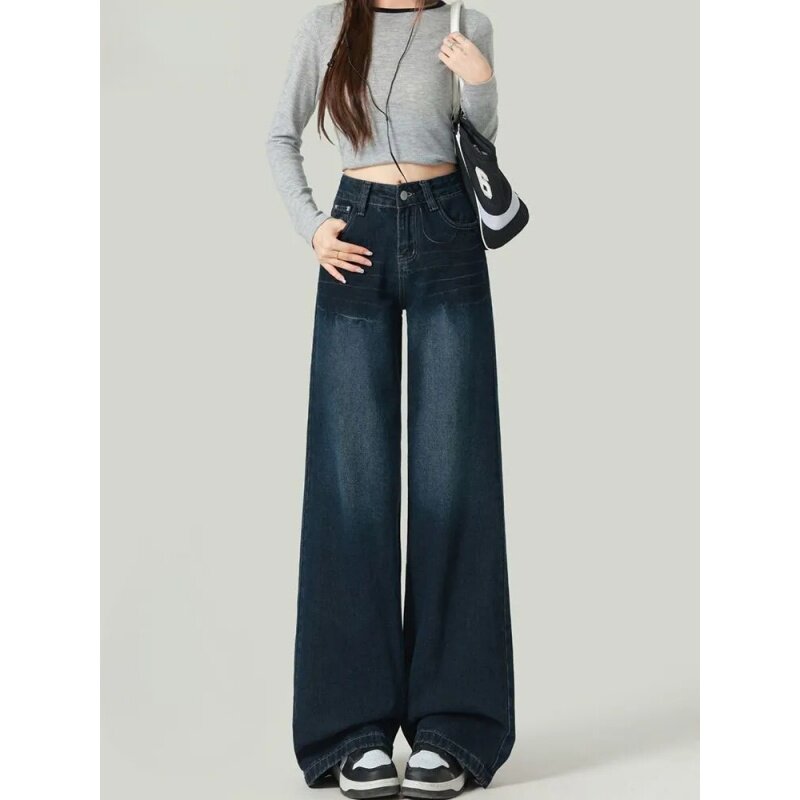 美式复古拼接设计微喇叭直筒牛仔裤女秋季新款高腰宽松阔腿拖地裤