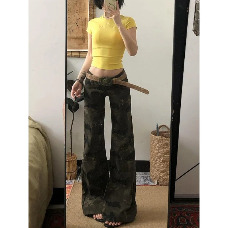 美式复古迷彩工装微喇牛仔裤女夏季低腰不贴腿显瘦马蹄喇叭裤长裤,女装/女士精品,牛仔裤,淘宝优惠券,粉丝福利购,淘宝优惠卷