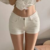 辣妹白色牛仔短裤 女夏季 新款 美式 复古低腰弹力紧身显瘦包臀热裤 子