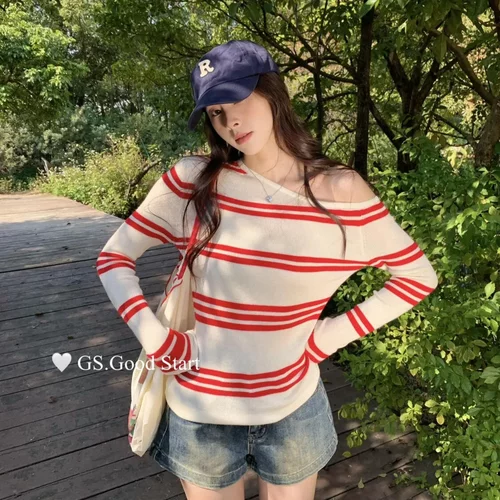 GS.GOOD START 春夏韩系时髦休闲修身显瘦露肩长袖针织衫女D1052