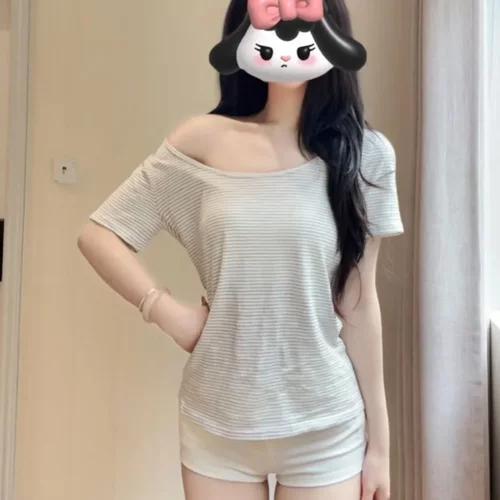 新款斜肩条纹短袖t恤 夏季u领慵懒风宽松chic韩系上衣 百搭显瘦