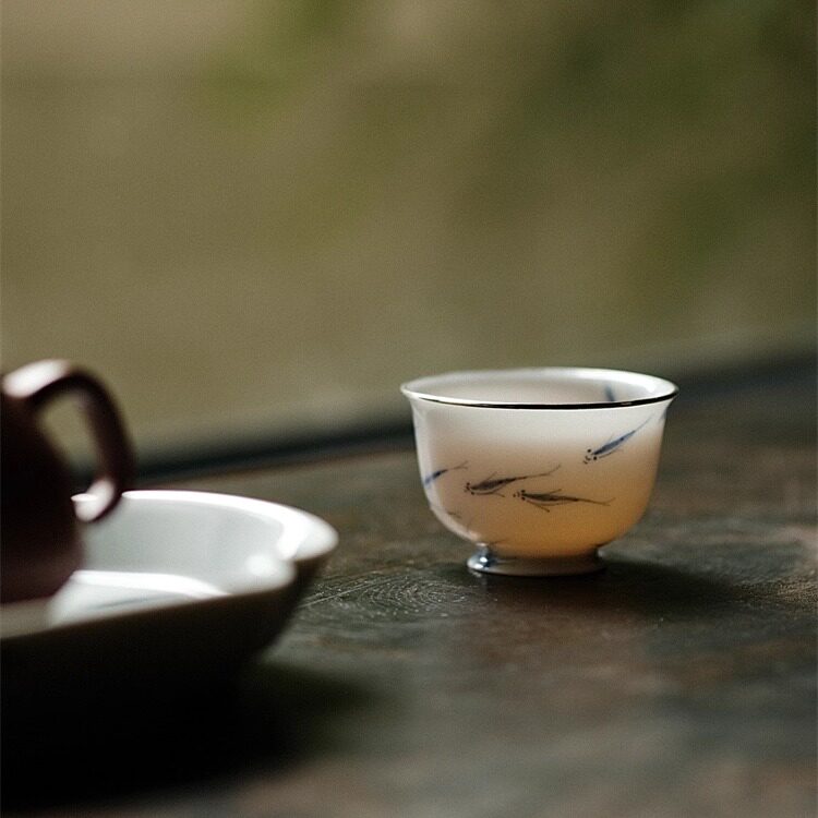不亦室 清物堂溪鱼系列青花茶器 游鱼茶杯 薄胎杯 主人杯包银口