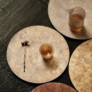 不亦室 瘦马手作大漆茶盘贴银箔哑光圆形茶盘