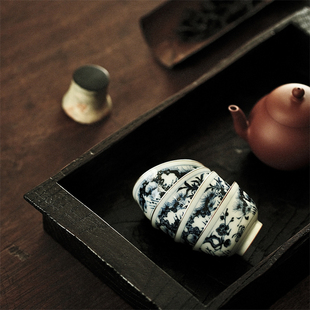 不亦室 蔓生叙古 松竹梅青花杯 柴窑包银口杯