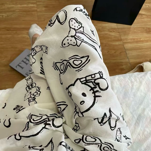 夏季薄款棉绸印花阔腿家居裤女