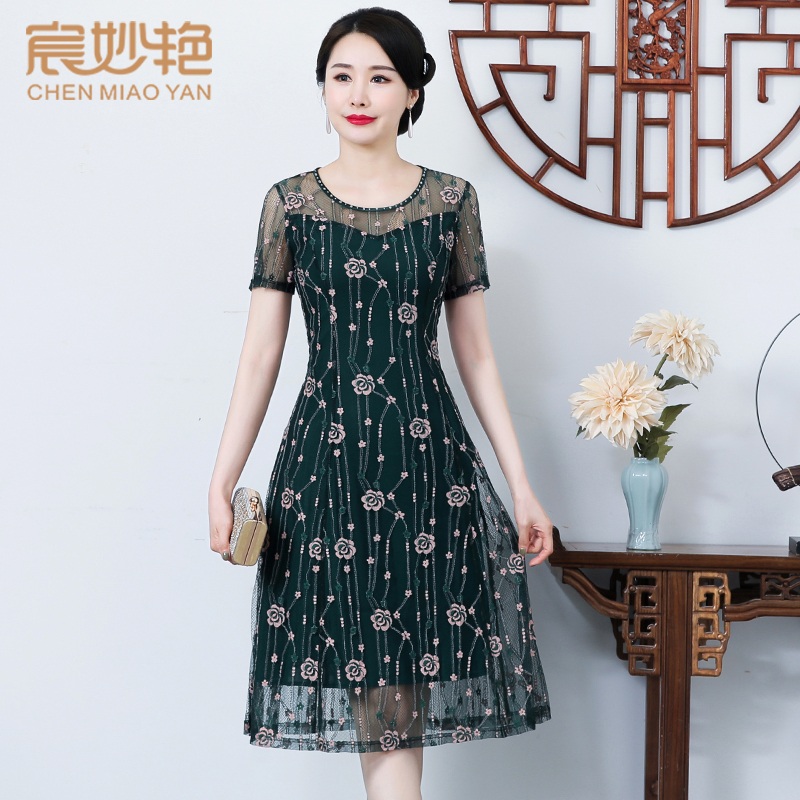 夏季新款修身风优雅阔太太连衣裙