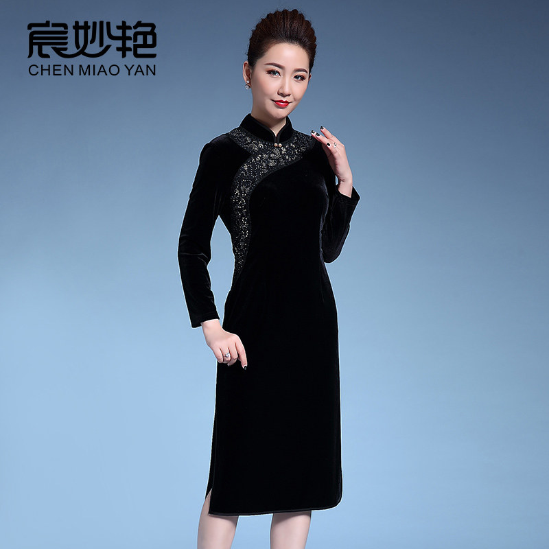 金丝绒旗袍连衣裙中长款女2019秋装贵夫人妈妈高端洋气阔太太裙子