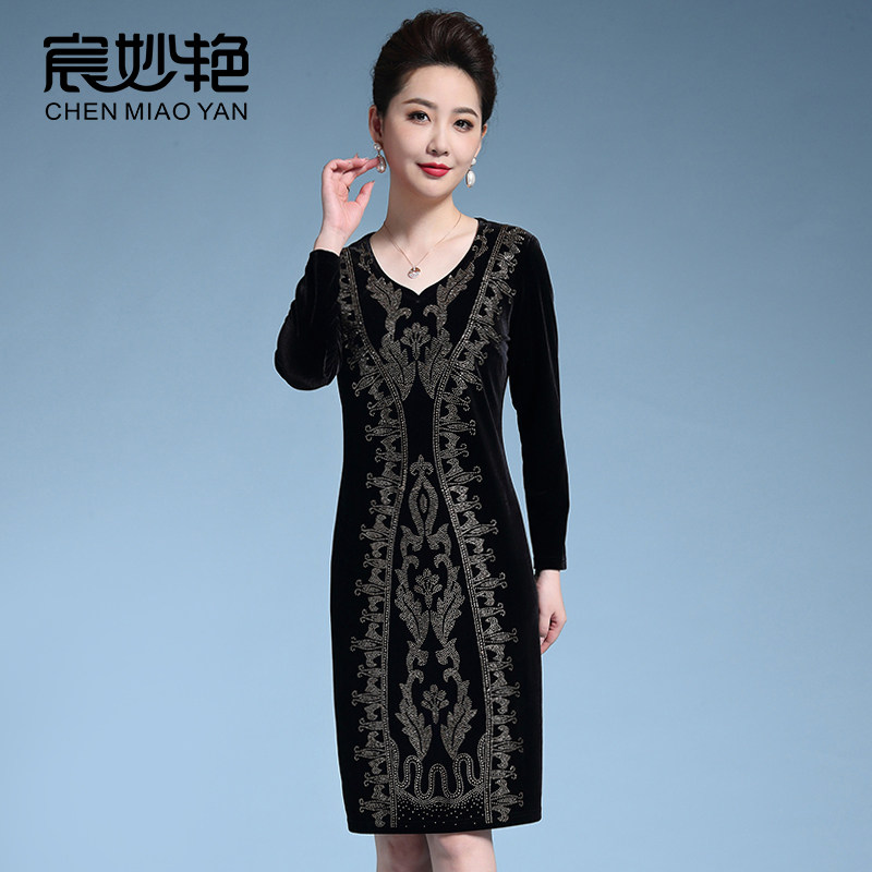宸妙艳高贵优雅气质金丝绒连衣裙阔太太直筒裙洋气贵夫人妈妈装