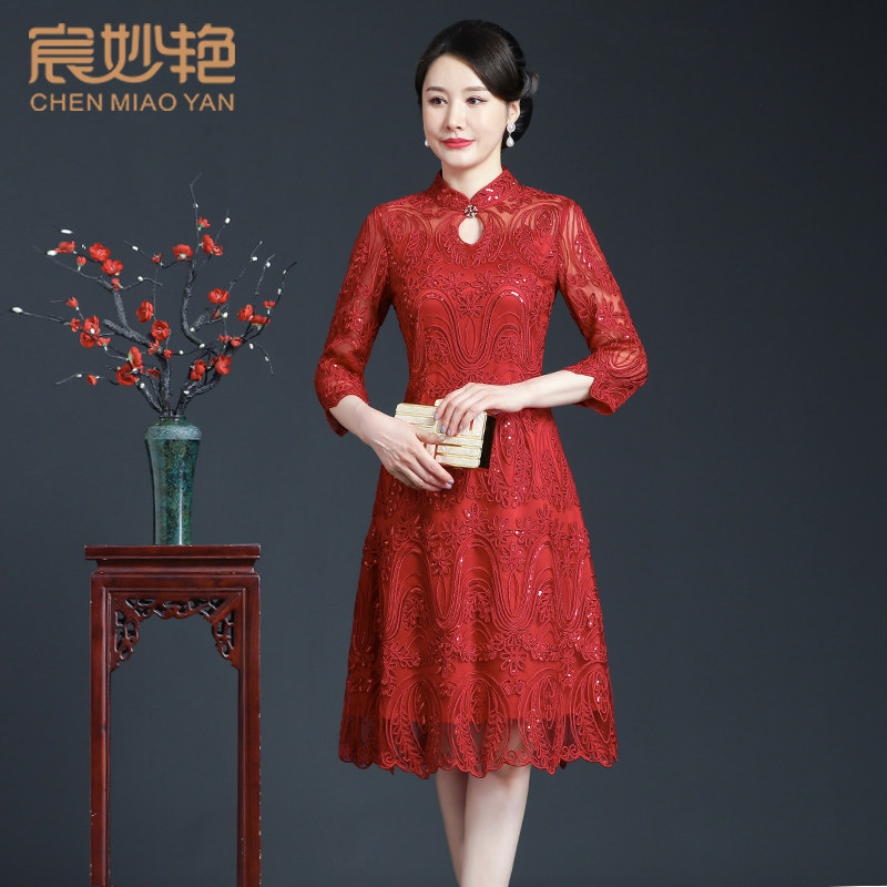 中老年女装蕾丝连衣裙改良旗袍裙