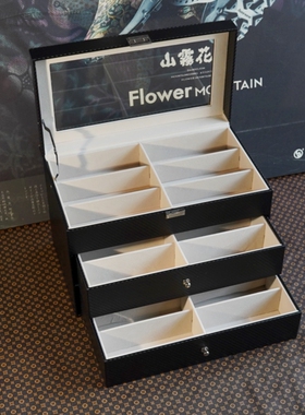 碳纤纹大容量3层眼镜盒 pu皮18位眼镜收藏收纳盒带玻璃天窗展示盒