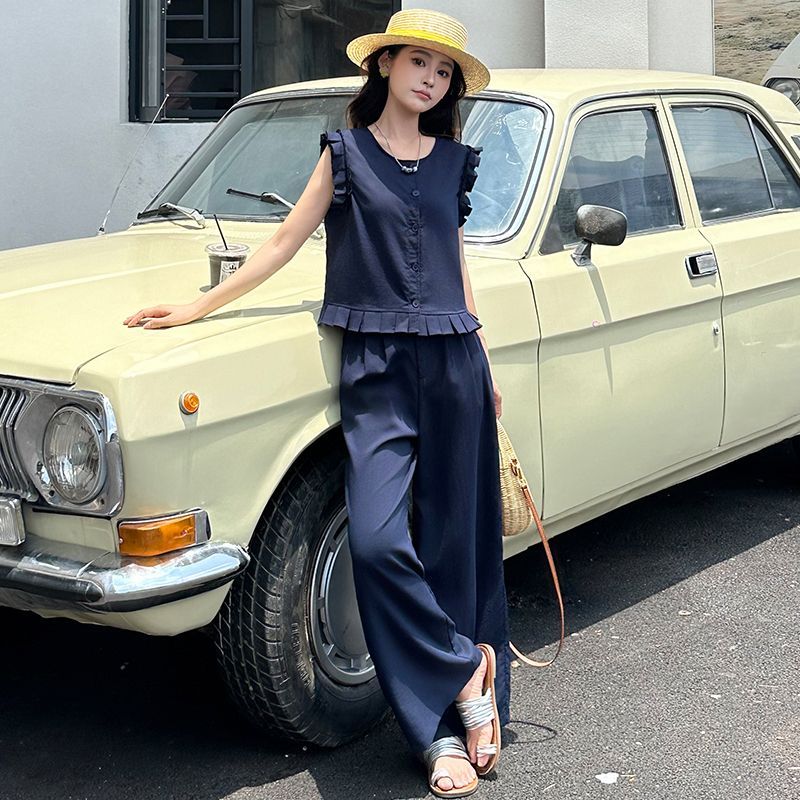 韩系时尚百褶无袖上衣松紧阔腿裤子两件套夏季新款设计感减龄套装