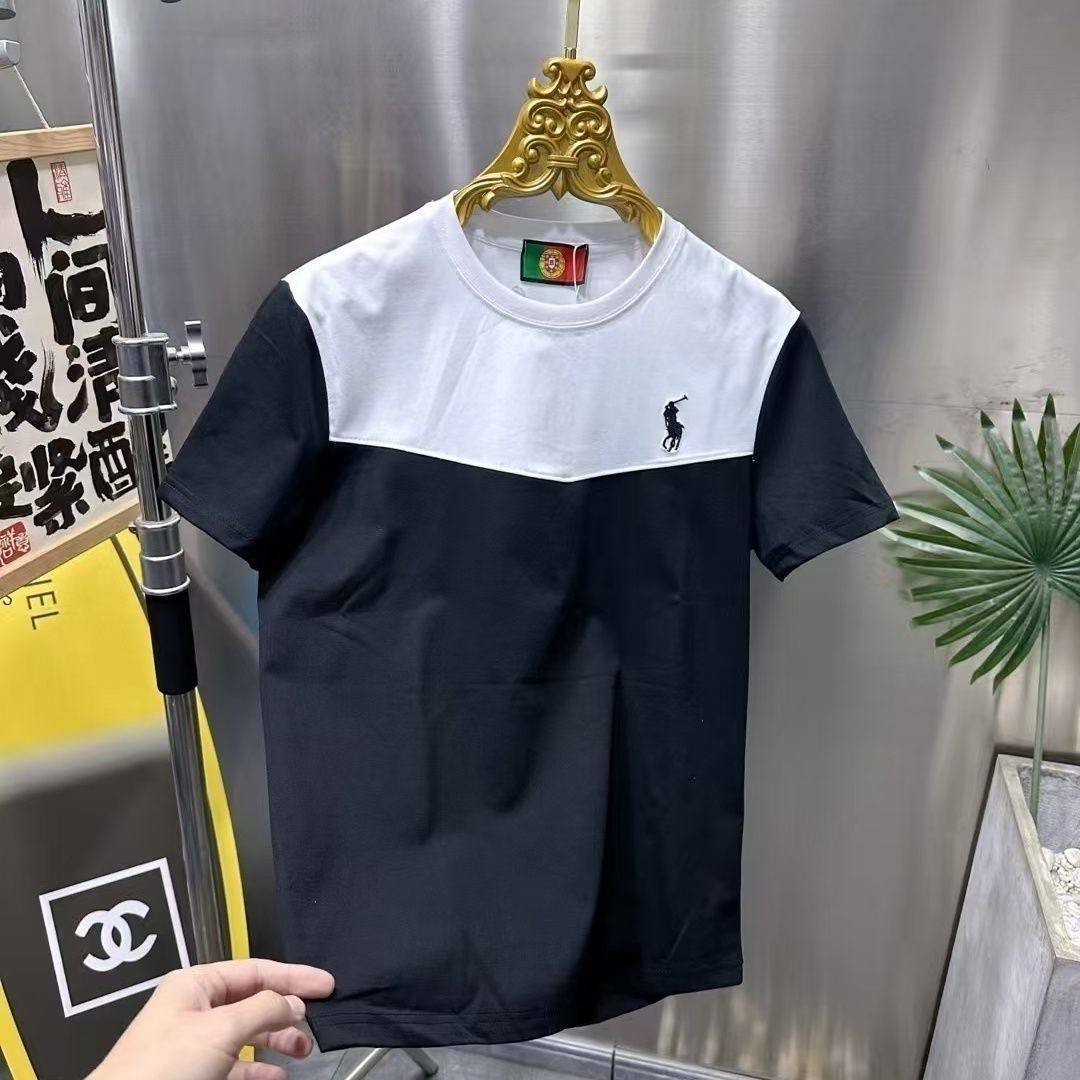 夏季潮流新款拼接撞色男士短袖刺绣百搭休闲时尚简约圆领T恤半袖