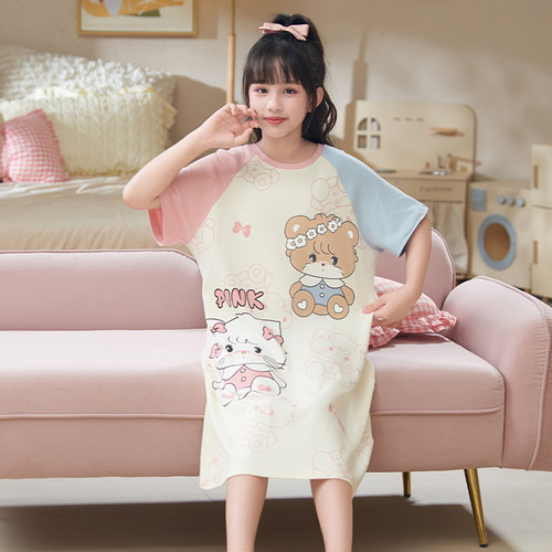 2025新款女童睡裙夏季儿童睡衣纯棉短袖女孩大童洋气家居服夏天款