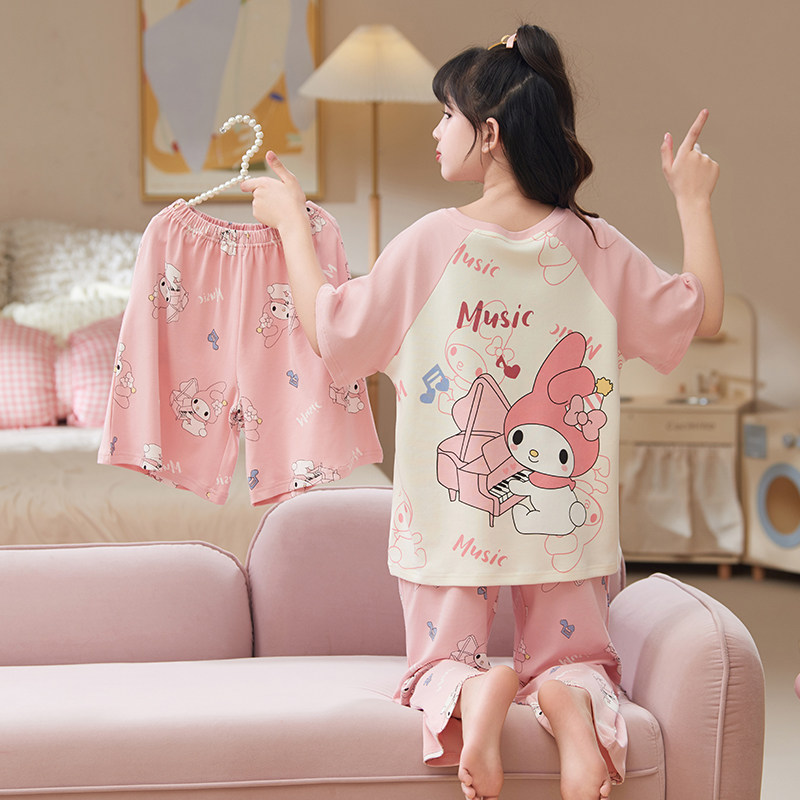 女童睡衣夏款纯棉短袖儿童三件套薄款洋气女孩家居服夏季2026新款