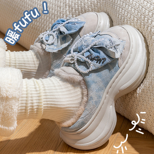 厚底高跟棉拖鞋女款2026年蝴蝶结秋冬季室内家居防滑毛绒保暖棉拖