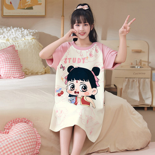 2025新款女童睡裙夏季儿童睡衣纯棉短袖女孩大童洋气家居服夏天款