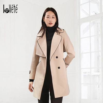 Lovete风衣女中长款春装新款女翻领大衣女英伦风收腰修身外套