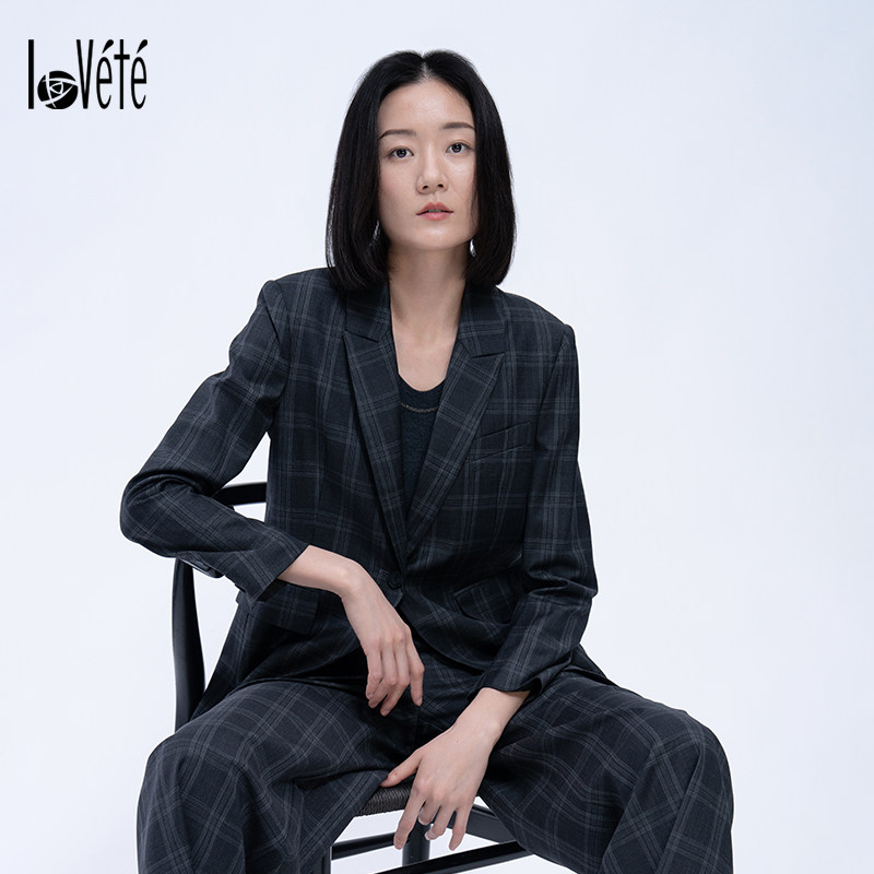 lovete夏梵品牌格子春秋职业套装女西装羊毛上衣英伦风修身显瘦