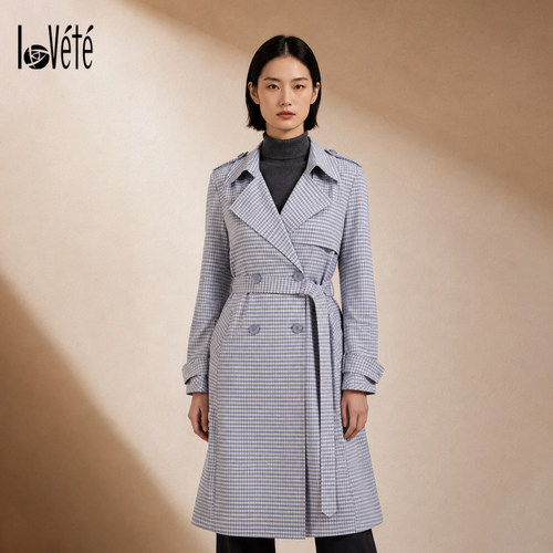 Lovete经典格纹风衣女外套秋冬新款中长过膝气质翻领休闲大衣防风