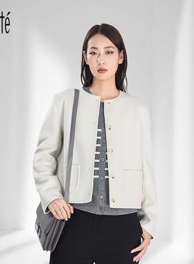 Lovete夏梵冬季新品短款羊毛短大衣 圆领 贴袋休闲通勤双面呢外套