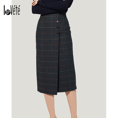 Lovete春新款通勤格纹A字裙收腰修身立体剪裁包臀半身裙女