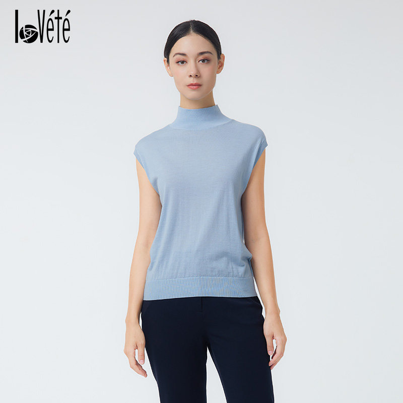Lovete2024春夏季雾霾蓝美丽诺细针高领羊毛内搭打底衫两件套
