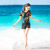 泳装 游泳衣女士保守分体平角性感显瘦短袖 温泉新款 运动款 学生大码