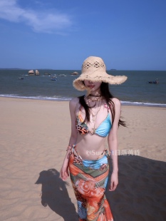 Sunset日落黄昏欧美豹纹橘蓝拼接度假风印花性感比基尼网纱三件套