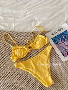 Sunset日落黄昏小鸡黄泳衣女钢托聚拢比基尼小胸度假泳装 温泉泳衣