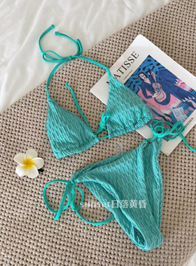 Sunset日落黄昏薄荷奶蓝简约辣妹比基尼泳衣女韩国ins风度假泳装